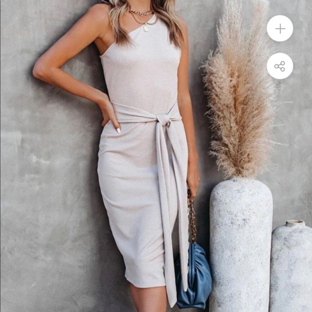 Vici One Shoulder Ribbed Tie Front Midi Dress